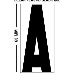 Puede incluir: Letra "A" negra dentro de un marco rectangular, con dimensiones de 6,3 cm de alto y 3,1 cm de ancho. El texto "LPM 33" y "33 LETTERS TO 1 METRE CLEAR PLASTIC BLACK INK" se muestran en la parte superior.
