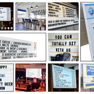 Puede incluir: Una colecci&oacute;n de letreros iluminados con texto negro sobre fondo blanco. Los letreros anuncian comida, bebidas y eventos, incluida la pr&oacute;xima apertura de una cervecer&iacute;a artesanal y una escuela primaria. Los letreros est&aacute;n en varios lugares.