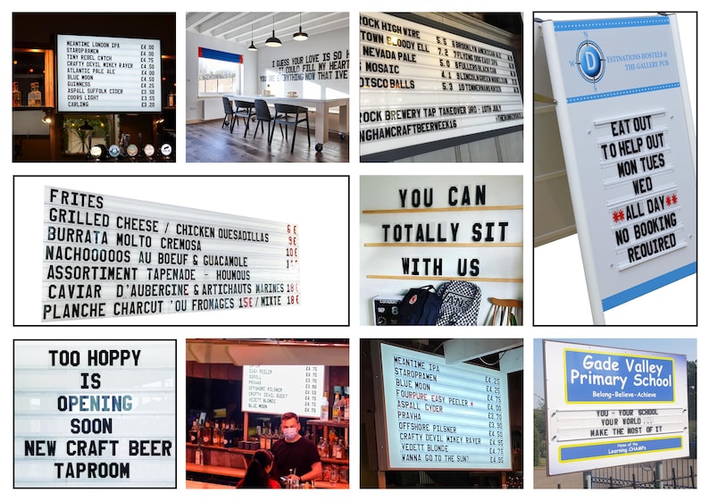 Puede incluir: Una colecci&oacute;n de letreros iluminados con texto negro sobre fondo blanco. Los letreros anuncian comida, bebidas y eventos, incluida la pr&oacute;xima apertura de una cervecer&iacute;a artesanal y una escuela primaria. Los letreros est&aacute;n en varios lugares.