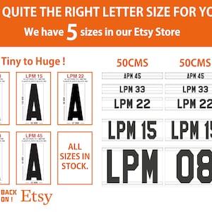 Puede incluir: La imagen muestra varios tama&ntilde;os de letreros con la letra "A" en negro, con medidas en mil&iacute;metros. El texto "NOT QUITE THE RIGHT LETTER SIZE FOR YOU?" y "We have 5 sizes in our Etsy Store" son visibles.