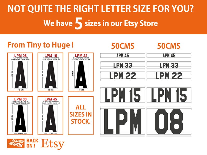 Puede incluir: La imagen muestra varios tama&ntilde;os de letreros con la letra "A" en negro, con medidas en mil&iacute;metros. El texto "NOT QUITE THE RIGHT LETTER SIZE FOR YOU?" y "We have 5 sizes in our Etsy Store" son visibles.