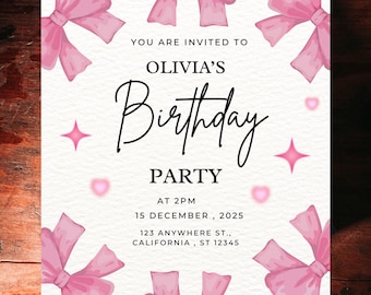 Pink Bow Birthday Invitation: Girl Party Invite (Canva Editable, Digital Download)