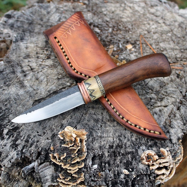 Hand forged knife: 1095/antler/walnut/copper