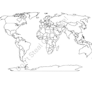 May include: A black and white line drawing of a world map, showing the continents and countries. The map is centered and detailed, with each country outlined. The image is on a white background.