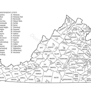 May include: Black and white map of Virginia, USA, showing county boundaries and independent cities. The map includes a numbered list of independent cities, with names like Alexandria and Richmond.