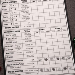 May include: Triple Yahtzee score sheets with a black border, featuring sections for scoring dice rolls. Includes spaces for player names and multiple games. Dice are visible in the image. The text "Triple Yahtzee Score Sheets" is at the bottom.