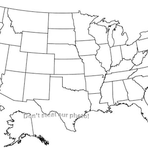 Könnte beinhalten: Eine schwarz-weiße Umrisskarte der Vereinigten Staaten, die die Staatsgrenzen zeigt. Der Text "Don't steal our photo!" befindet sich unten. Die Karte enthält Alaska und Hawaii.