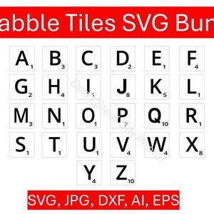 May include: A collection of Scrabble tiles, each displaying a letter and point value. The letters A through Z are arranged on a white background. The text "Scrabble Tiles SVG Bundle" is in a red rectangle at the top, with file type options at the bottom.
