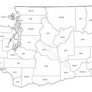 May include: A black and white outline map of Washington State, showing the county borders and names. The map is a simple, clean design, suitable for educational or decorative purposes.
