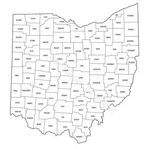 May include: A detailed black and white outline map of Ohio, showcasing its counties. Each county is clearly delineated with its name labeled within its boundaries. The map is a simple, clean design, ideal for educational or decorative purposes.