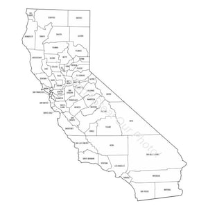 May include: A detailed black and white outline map of California, showing the state's counties. Each county is labeled with its name, providing a clear visual representation of the state's administrative divisions. The map is set against a plain white background.