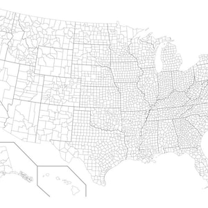 May include: A detailed black and white map of the United States, showcasing state boundaries and county divisions. The map includes insets for Alaska and Hawaii, providing a comprehensive view of the country's geographical layout.