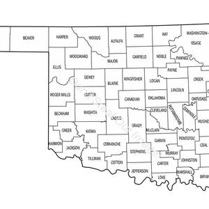 May include: A detailed black and white map of Oklahoma, USA, showcasing its counties. Each county is labeled with its name, providing a clear geographical reference. The map is a useful educational or reference tool.