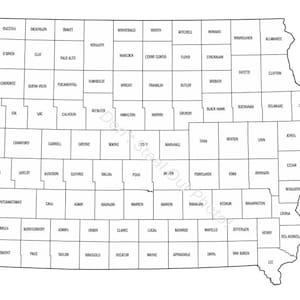 May include: A monochrome outline map of Iowa, USA, showing the county divisions. Each county is labelled with its name in a plain, sans-serif font. The map has a clean, minimalist design, suitable for educational or informational use.