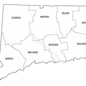 Peut inclure: Un dessin au trait en noir et blanc de l'État du Connecticut, divisé en huit comtés. Les noms des comtés sont étiquetés en texte noir : Fairfield, Litchfield, Hartford, Tolland, Windham, New London, Middlesex et New Haven.