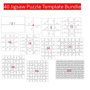 May include: A collection of white jigsaw puzzle templates with varying piece counts, from 2 to 200 pieces. The red text at the top reads "40 Jigsaw Puzzle Template Bundle".