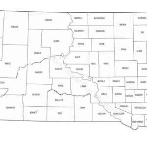May include: A black and white map of South Dakota, USA, showing county boundaries. Each county is labeled with its name in a simple, sans-serif font. The map is a detailed outline of the state.