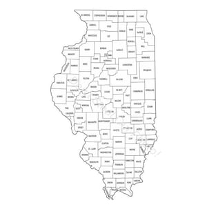 Könnte beinhalten: Eine schwarz-weiße Umrisskarte von Illinois, USA, die die County-Grenzen zeigt. Jeder County ist mit seinem Namen in einer einfachen, klaren Schrift beschriftet. Die Karte ist vor einem weißen Hintergrund.