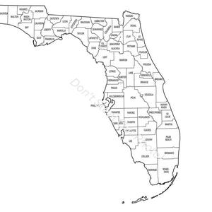 May include: A black and white outline map of Florida, USA, showing county boundaries and names. The map is a simple, minimalist design, ideal for educational or decorative purposes. The text "Don't" is partially visible on the map.