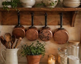 Set Of 5 Vintage French Copper Pans and lid With Riveted cast iron Handles
