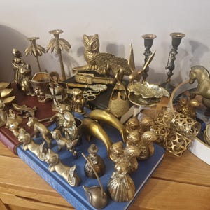 Vintage Brass Figurines Miniature Brass Animals, Crinoline Lady Bell, Brass Cat Peacock trinket ornaments ASK for bundle deal