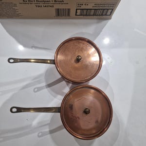 Set Of two Vintage French Copper Pans and lid and With Riveted brass Handles tin lined