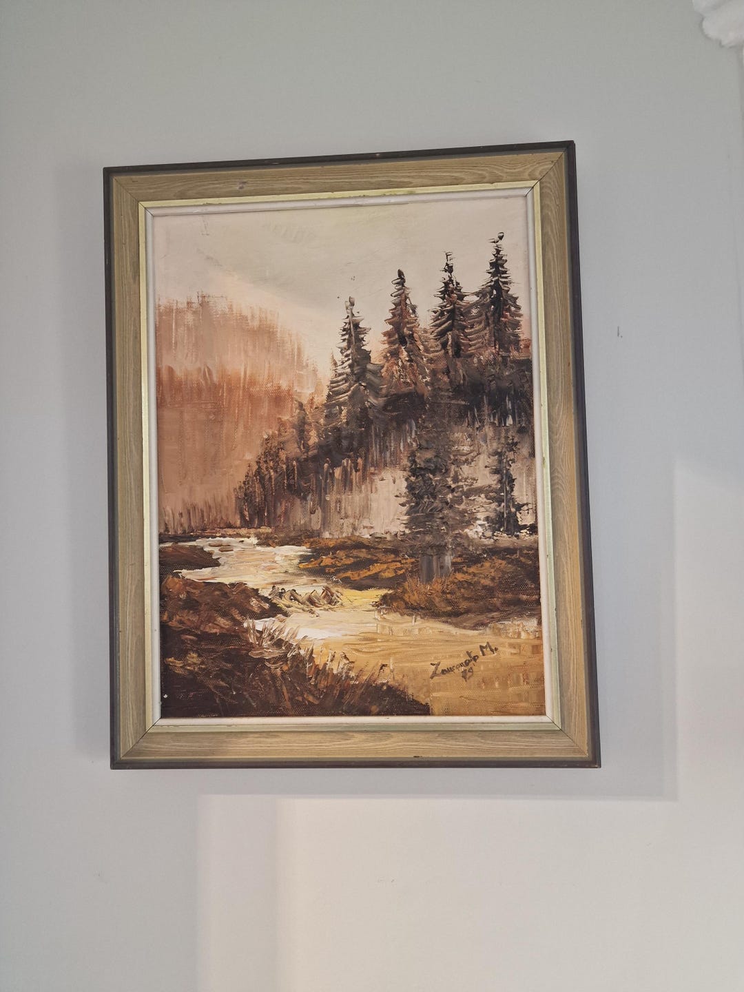 Vintage Forest Landscape Oil Painting Framed Rustic Woodland River Art ...