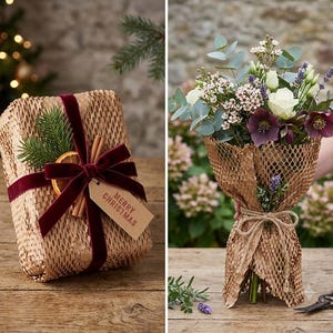 May include: A rectangular gift wrapped in brown honeycomb paper with a deep red velvet ribbon, a sprig of pine, a dried orange slice, cinnamon sticks, and a tag reading MERRY CHRISTMAS, alongside a bouquet wrapped in matching honeycomb paper.