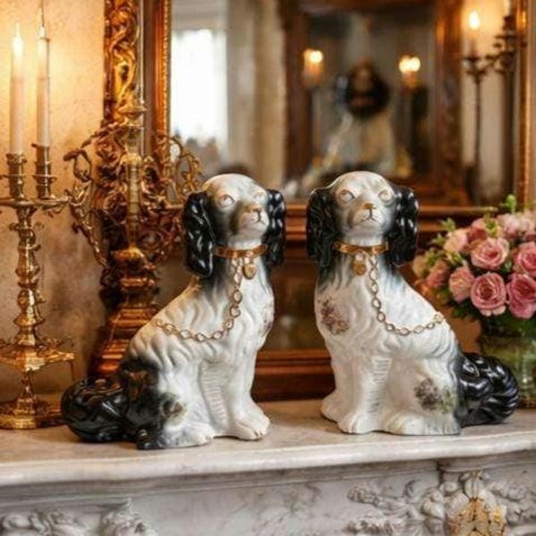 Antique Staffordshire Spaniel Dogs Pair, Hand Painted K H Pottery Ceramic Figurines