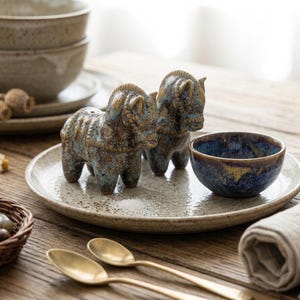 May include: Two ceramic horse figurines with a mottled blue and brown glaze, accompanied by a small matching bowl on a speckled beige plate. The horses feature detailed manes and saddles, showcasing a reactive glaze finish with earthy tones.