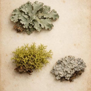 May include: Three distinct specimens of lichen attached to small pieces of bark. One specimen is a broad, pale sage-green foliose lichen, while the other two are a bright yellow-green fruticose lichen and a dense, greyish-white crustose lichen.