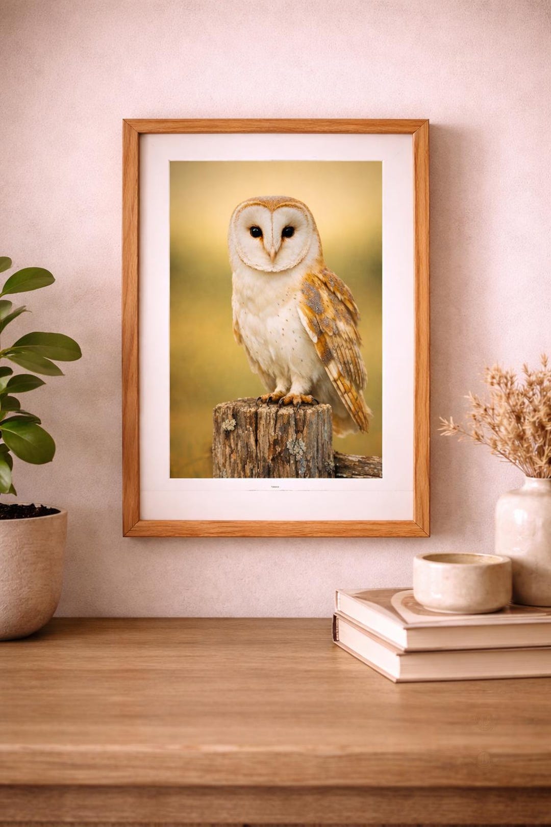 Barn Owl Wall Art — Framed Woodland Bird Print, Perched Owl Scene ...