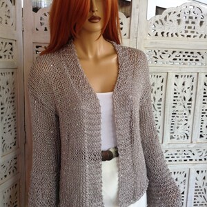 jacket grey sparkle soft cotton sequins extra long sleeve with slit delicate sweater size L gift idea for her by golden yarn image 3