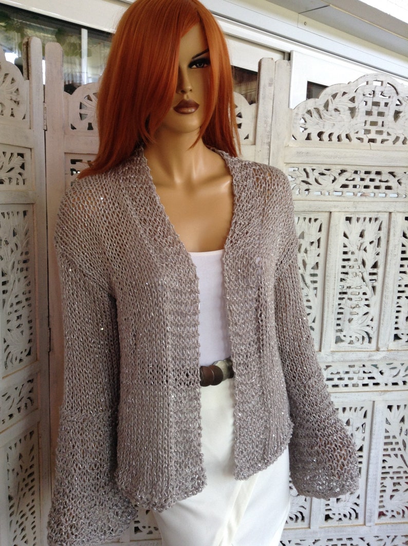 jacket grey sparkle soft cotton sequins extra long sleeve with slit delicate sweater size L gift idea for her by golden yarn image 3