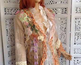 Repurposed Boho Jacket: Hand Embroidered, Lace & Crochet Details, Size M/L women artwear,gifts