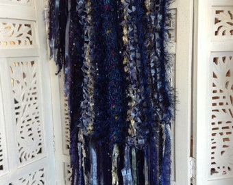 scarf shawl blue  handmade knitted with long tassels luxurious women accessories fancy wrap OOAK gift idea by goldenyarn