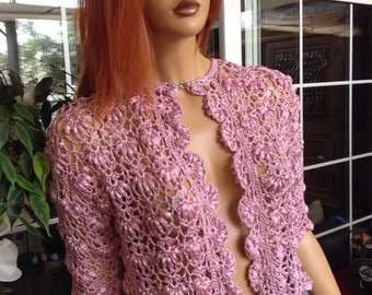 jacket pink hand crochet scallop lace satin yarn cropped short sleeves summer sweater luxury collection by golden yarn