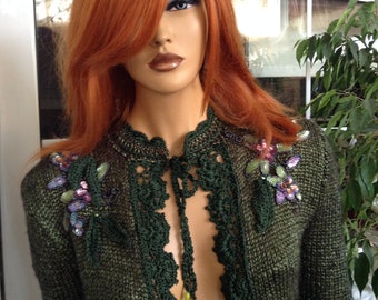 15% OFFacket forest green hand knit and crochet lace alpaca and silk embroidered longsleeved cardigan OOAK ready to ship by goldenyarn