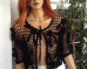 black cropped fish net jacket hand crochet silk embroidered with crochet bouquets of flowers ready to ship by goldenyarn