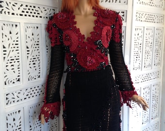 50%OFF OLYMPOS dress black red crochet cotton silk wedding embroidered dream double breasted bell sleeves OOAK ready to ship by goldenyarn