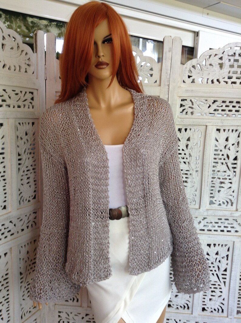 jacket grey sparkle soft cotton sequins extra long sleeve with slit delicate sweater size L gift idea for her by golden yarn image 6