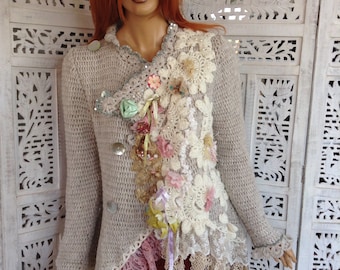 40% SALE jacket lace cardigan romantic handmade crochet jumper embroidered double-breasted  ready to ship by golden yarn