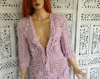 Vintage Inspired Crochet Cardigan, Pink Knit Jacket with Beads, Handmade Open Front Sweater