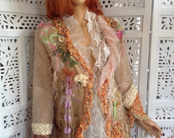 20% SALE jacket cardigan romantic in golden  hand embroidered spring summer unique weddings races at London by golden yarn