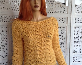 lace sweater Handmade Knitted Soft Ecological Acrylic, Mustard Yellow,Women Knitwear,Gifts