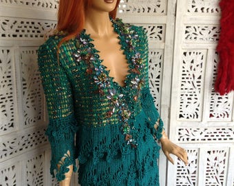 50%OFF SYROS silk handmade crochet green outfit embroidered women awesome art romantic special occasion OOAK  by golden yarn