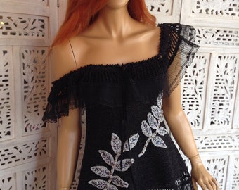 20%OFF top short dress sparkle black  metallic off shoulder night silver embroidered leaves sexy hand crochet mermaid by golden yarn