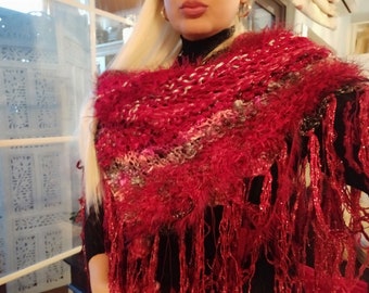 awesome scarf wrap shawl handmade knitted Stevie Nicks style tassels sparkle red luxurious OOAK women accessories by golden yarn