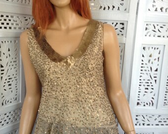 15%OFF top sequined sleeveless top in gold color crepe sequins embroidered asymmetrical going out top by golden yarn