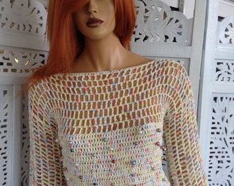 top sweater handmade crochet net long sleeve top in lemon coral cotton embroidered with multicolor pearls ready to ship by golden yarn